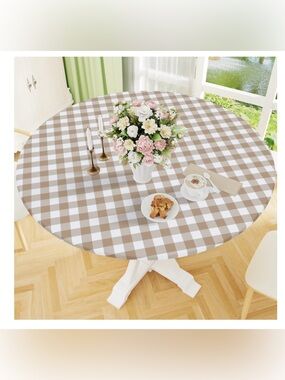 Gingham Checkered Vinyl Fitted Flannel Back 36-44” Tan & White